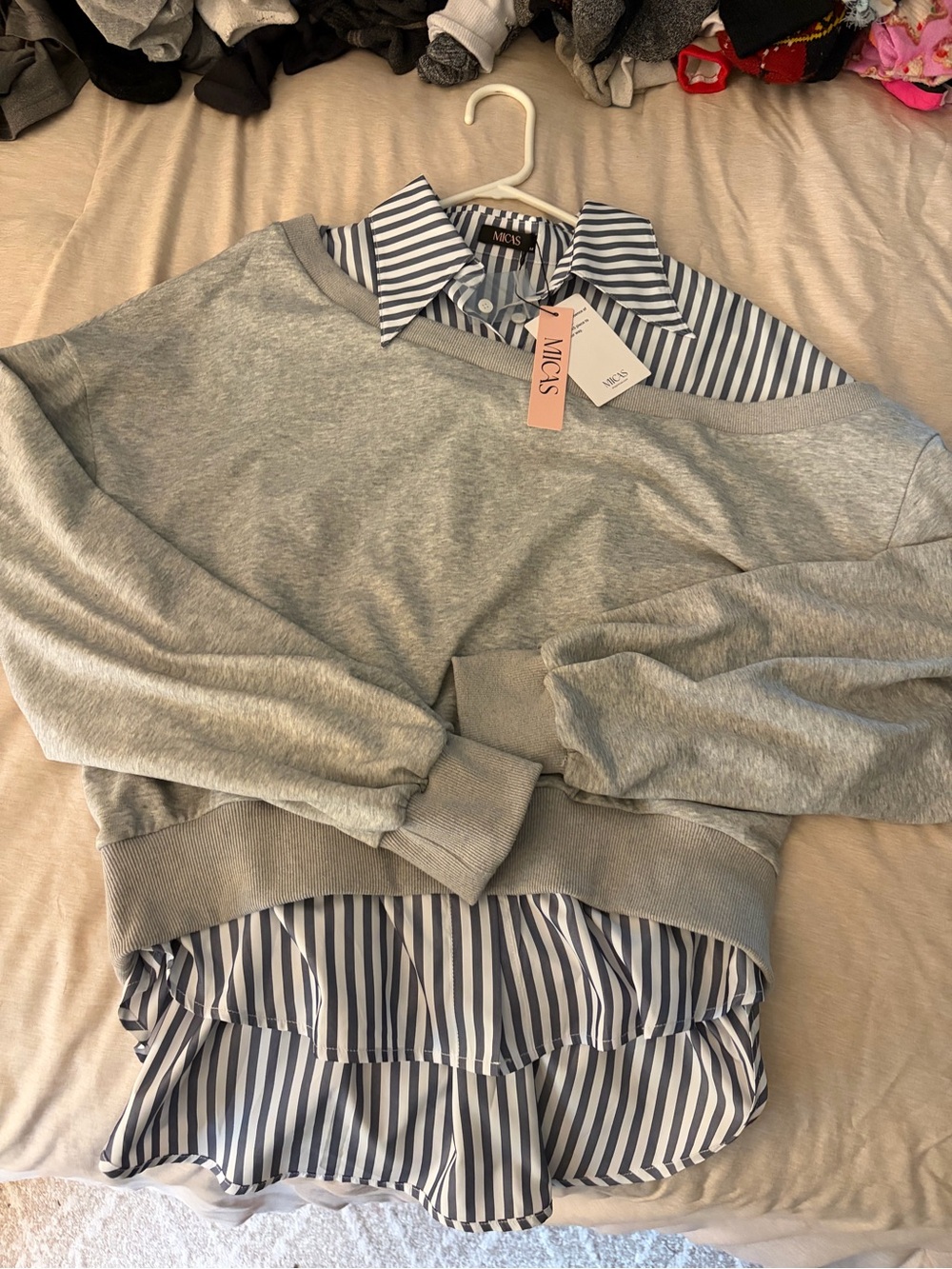 MICAS Women’s Gray Crewneck Layered Sweater with Striped Shirt Hem